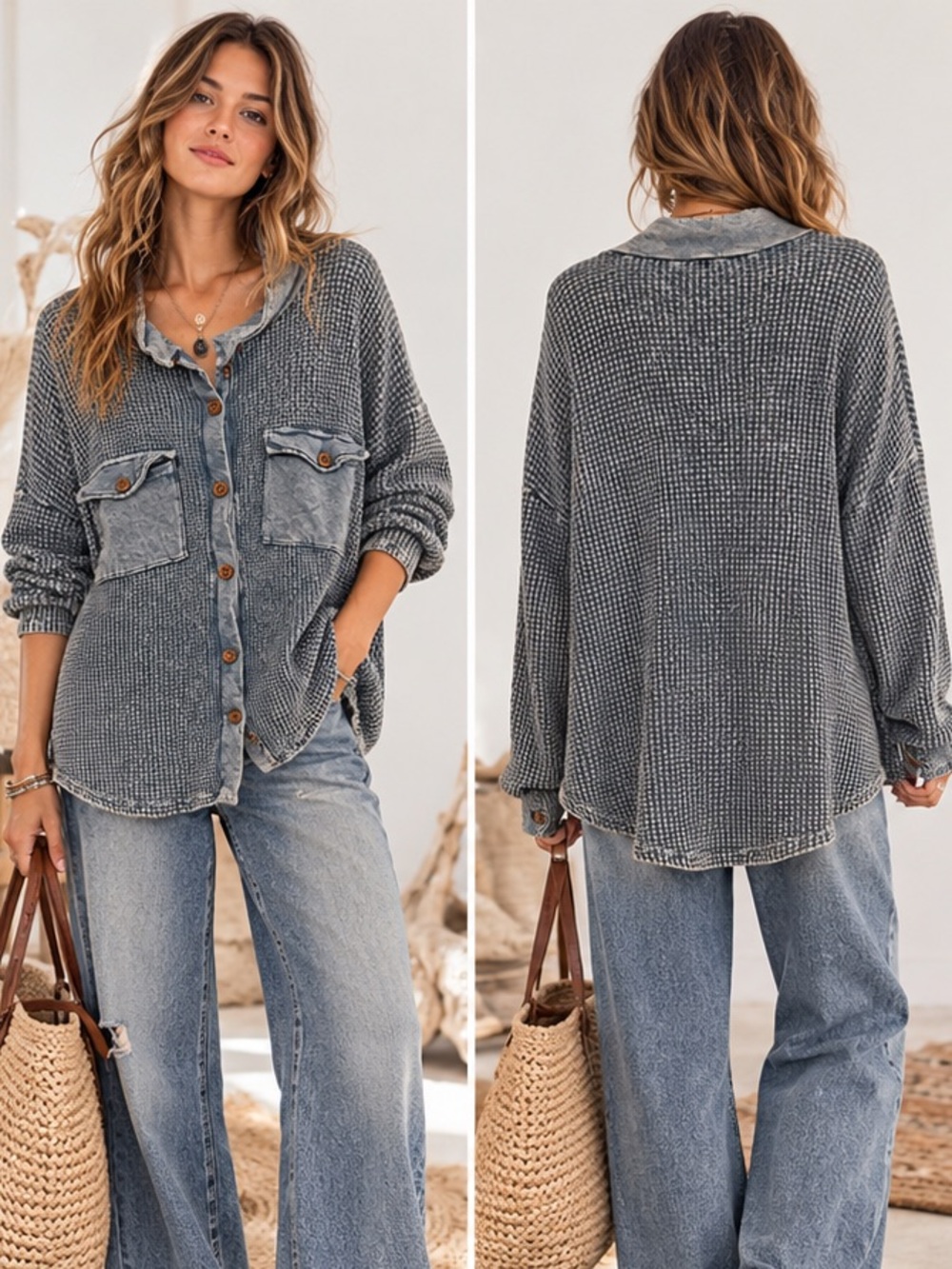 BUCKETLIST Washed Blue Waffle Knit Boho Coastal Casual Button Shacket Large